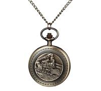 Lancardo Mens Vintage Pocket Watch: Quartz Arabic Numerals Bronze Steam Train Carving Case with Necklace Chains Halloween