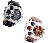 Lancardo Men's Watch Oversize Steampunk Dual Time Zone Four Dial Big Face Soft Leather Band Policy Army Compass Thermometer Decorative Dial Cool Wrist Watch Valentines Day, Pack of 2, Military