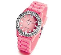 Lancardo Silicone Ceramic Style Pink Wrist Watch Silver Trim and Sparkly Rhinestones Surround for Teens with Gift Bag