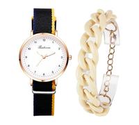 Lancardo Stylish 2-Piece Watch Set: Women Analog Quartz Round Case with Arabic Numbers Canvas Band Bracelet Layered, black