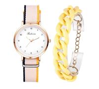 Lancardo Stylish 2-Piece Watch Set: Women Analog Quartz Round Case with Arabic Numbers Canvas Band Bracelet Layered, beige