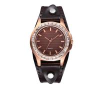 Lancardo Vintage Leather Bracelet Watch: Analog Quartz Rhinestone Bezel Soft Black Cuff Wristwatch for Women Valentine's Day, brown