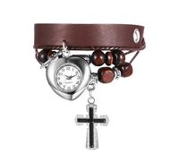 Lancardo Watches Women's Multilayer Leather Watch: Heart-Shaped Analogue Quartz Watch with Cross Pendant Wooden Beads Retro Leather Strap Women's Watches Gifts for Women Brown