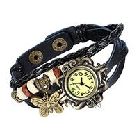 Lancardo Women's Braided Leather Straps Butterfly Charm Bracelet Bangle Watches(Black)