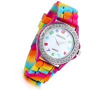 Lancardo Women's Quartz Watch Rhinestone Rainbow Color Silicon Jelly Fun Play Colorful Casual Dress Wrist Watches Birthday, red