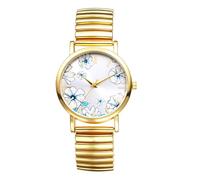 Lancardo Wrist Watches Women's Elastic Watches: Country House Style Flower Painting Analogue Quartz Watch with Bar Scale Stainless Steel Stretch Strap Watches Gifts for Women Girls, Gold Blue