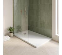 Lancia White Cuttable Stone Resin Shower Tray, Rectangle 1400mm x 700mm | Anti-Slip, Slate Effect, Stone Resin, Cuttable Design, White Finish, Stainless Steel Covered Waste Included