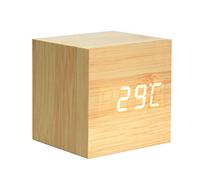 Lancoon Wooden Alarm Clock Mini Cube LED Digital Clock 3 Levels Brightness | Time/Date/Temperature Display, Voice Control, Home Office Travel