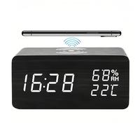 Lancoon Wooden Digital Alarm Clock with LED Wireless Charging Temperature and Humidity Display Adjustable Brightness Sound Control for Bedroom Home Office (Black)