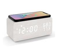 Lancoon Wooden LED Alarm Clock with Wireless Charging Temperature and Humidity Display Calendar Adjustable Brightness Sound Control for Bedroom Home Office (White)