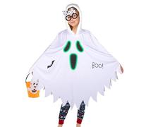 Lancry 3PCS Halloween Ghost Costume for Kids, Glow in Dark Hooded Poncho with Pumpkin Basket and Skeleton Glasses, Fancy Dress Scary Cloak for Boys Girls Toddler Aged 3-12 Years Old Trick or Treating