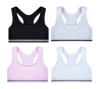 Lancry 4 PCS Crop Tops for Girls Age 7-14 Soft Cotton Girls Crop Tops Unpadded Racerback Kids First Bra Sports Training Bras (7-9 Years, Black+White+Grey+Pink)