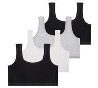 Lancry 4PCS Soft Cotton Crop Tops for Girls Age 7-12, Unpadded Wireless Sports Bra Training Bras for Kids Teens (UK, One Size, Regular, M, Black+Black+White+Grey)