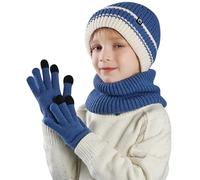 Lancry Winter Hat Scarf And Gloves Set Kids, Warm Thermal Girls Boys Hat Scarf Gloves Set Knitted Beanie Cap Snood Neck Warmer Touchscreen Mitten with Soft Fleece Lining For Kids Age 4-10 (Blue)