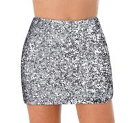 Lancry Women Sequin Skirt Shine Mini Sparkly Skirt A Line Bodycon for Party Beaches Club Streetwear (UK, Alpha, M, Regular, Regular, Silver)