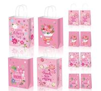 LANCU 12PCS Mother's Day Gift Bags in Bulk Happy Mothers Day Floral Pink Gifts Bag with Handles Flower Paper Goodie Bag Mother's Day Party Gift Wrapping Supplies for the Best Mom