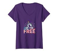 Land of The Free: Patriotic Liberty Statue USA Pride V-Neck T-Shirt, Women, Purple, XXL