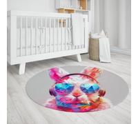 LANDERSION 150cm Round Area Rug for Nursery Geometry Rabbit Music Theme Circle Rugs Cute Animal Low Pile Circle Print Indoor Carpet for Bedroom Kitchen