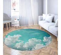 LANDERSION 90cm Round Rugs Abstract White Cloud Washable Cute Entryway Mat Non Slip Elegant Teal Circle Rug Soft Low-Pile Throw Carpet for Dorm Bathroom Playroom Balcony