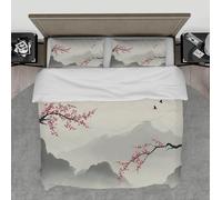 LANDERSION Asian Style Decorative Duvet Cover Set Watercolor Abstract Mountains Vintage Floral Branch Sakura Comforter Cover for Room Dorm Decor Twin