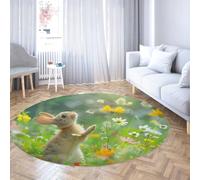 LANDERSION Bunny Round Rug 200cm Blooming Flower Garden Circle Area Rugs Soft Washable Non Slip Low Pile Green Carpet for Living Room Bedroom Nursery