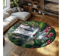 LANDERSION Forest Waterfall Round Area Rug 200cm Nature Scenery Garden Jungle Flower Landscape Flowing Stream Circle Rugs Washable Soft Floor Carpet for Living Room Kitchen Bedroom Nursery