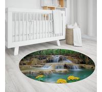 LANDERSION Forest Waterfall Round Area Rug 80cm Tropical Green Tree Yellow Floral Jungle Nature Landscape Round Carpet Non-slip Washable Rug for Living Room Kitchen Bedroom Balcony Patio