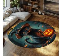 LANDERSION Halloween Cat Round Area Rugs Pumpkin Witch Hat Mysterious Forest Animal Circle Rug Soft Low-Pile Washable Carpet for Nursery Balcony 240cm