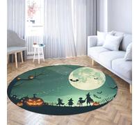 LANDERSION Halloween Theme Round Rug Mysterious Moonlit Sky Pumpkin Silhouettes Area Rugs Non Slip Low Pile Washable Circle Carpet for Nursery 160cm