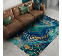 LANDERSION Luxury Marble Living Room Rug 140x200cm Blue Green Gold Crack Texture Area Rugs Abstract Swirl Fluid Art Non Slip Washable Carpet for Bedside Decor