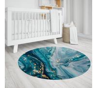 LANDERSION Marble Round Rug Blue and Gold Texture Circle Area Rugs for Living Room Abstract Modern Luxury Marbled Door Mat Washable Thin Small Carpet 80cm