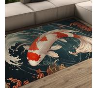 LANDERSION Modern Watercolor Koi Fish Area Rug Japanese Style Abstract Wave Rugs for Bedroom Low Pile Non Skid Washable Carpet for Living Room Office 160x230cm