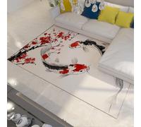 LANDERSION Oriental Ink Art Carpet Black and White Koi Fish Sakura Branch Accent Rug Washable Non-Slip Thin Area Rug for Living Room Bedroom 180x240cm