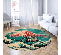 LANDERSION Round Hunter Tiger Rug for Living Room Tropical Forest Mount Fuji Japanese Style Circle Area Rugs Washable Non-slip Blue Carpet for Bedroom 140cm