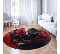 LANDERSION Round Skull Area Rugs Red Black Rose Flower Gothic Circle Carpet Non Slip Washable Low Pile Floor Mats for Living Room Kitchen Bedroom 120cm