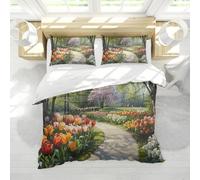 LANDERSION Tulip Floral Duvet Cover Spring Park Path Pattern 3 Piece Bedding Set Soft Microfiber Comforter Cover with Zipper and Ties & 2 Pillowcases Queen