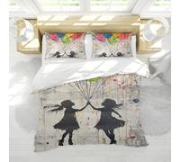 LANDERSION Vintage Doodle Style Duvet Cover Set Cute Girl and Colorful Balloons Distressed Decor 3 Piece Bedding Microfiber Soft Comforter Cover Twin