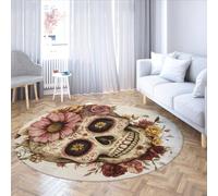 LANDERSION Vintage Skulls and Floral Round Rug Abstract Aesthetic Art Circular Area Rugs Washable Non Slip Thin Carpet for Living Room Bedroom 90cm