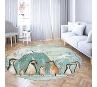 LANDERSION Winter Penguin 240cm Round Rug Funny Animal Snow Scene Decor Circle Area Rugs Washable Non-Slip Low Pile Carpet for Bedroom Playroom Office