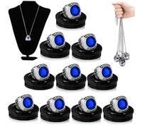 Landical 10 Pcs Championship Trophy Rings Bulk MVP Trophy Ring Award Medal Gift Prize with Neck Chains Display Stand for Basketball Baseball Football Sport Tournament Champion Winner(Azure Silver)