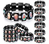 Landical 12 Pcs Christian Hematite Bracelet with Saints Catholic Orthodox Religious Elastic Bracelet with Holy Icons Prayer Gifts, about 2.55 inches, hematite, hematite