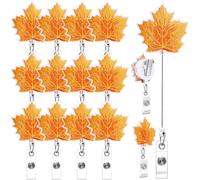 Landical 12 Pcs Fall Badge Reels Maple Leaf Shaped Retractable Badge Holder with Alligator Clip Thanksgiving Cute Name Clip Holder for Women Office Worker Supply Gift