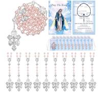 Landical 12 Set Rosary Catholic Gifts for Women 8 mm Pink Rosary Necklace Artificial Pearls with Pardon Crucifix Necklace Pray Card for Women Men First Communion Christian Confirmation Gifts