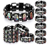 Landical 12pcs Orthodox Religious Hematite Bracelet with Saints Christian Elastic Bracelet with Holy Icons Prayer Gifts, about 2.55 inches, hematite, No Gemstone