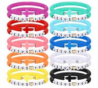 Landical 20 Pcs Christian Bracelets Bulk Cross Bracelets and Jesus Loves You bracelet Handmade Elastic Colorful Polymer Clay Beaded Christian Bracelet for Kids Religious Jesus Wristbands(Rainbow)