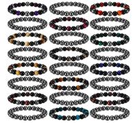 Landical 24 Pcs Black Hematite Bead Bracelet for Men Women Black Obsidian Tiger Eye Stone Beaded Stretch Bracelets Triple Bead Protection Bracelet