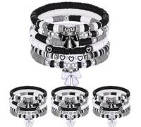 Landical 24 Pcs Bow Bracelet Bulk Friendship Bracelets Groovy Boho Party Gifts Stretch Beaded Bracelets for Retro Hippie Party Supplies(Black,Coquette Bow)