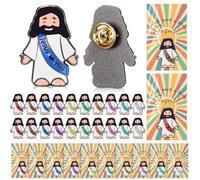 Landical 24 Set Mini Jesus Figures Pins with Cards, Pocket Jesus Religious Easter Day Badges Christian Church Lapel Pins, Sunday School Baptism Gifts Party Favors(10 Colors + Shine Style)