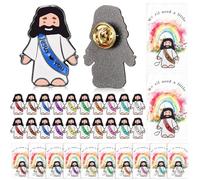 Landical 24 Set Mini Jesus Figures Pins with Cards, Pocket Jesus Religious Easter Day Badges Christian Church Lapel Pins, Sunday School Baptism Gifts Party Favors(10 Colors + Rainbow Style)