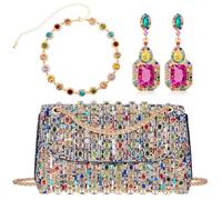 Landical 3 Pcs Colorful Rhinestone Clutch and Jewelry Set Included Sparkling Evening Purse Handbag, Long Crystal Dangling Drop Earring and Crystal Sparkly Rhinestone Choker Necklace for Women, Fabric